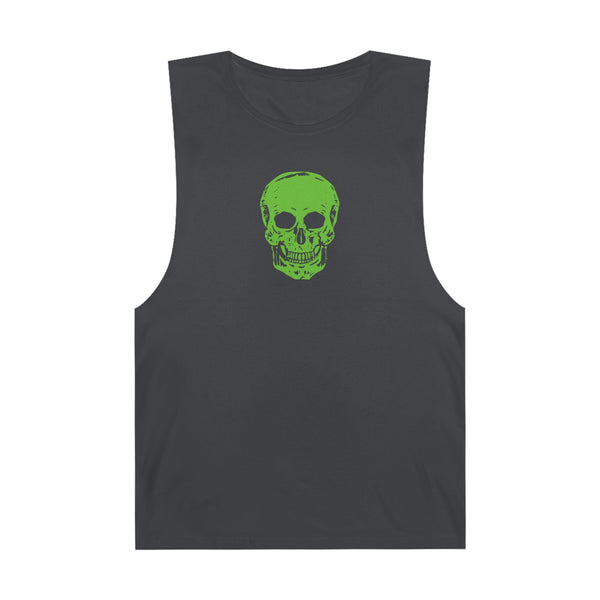 Black tank top with neon green skull graphic on front, sleeveless casual wear