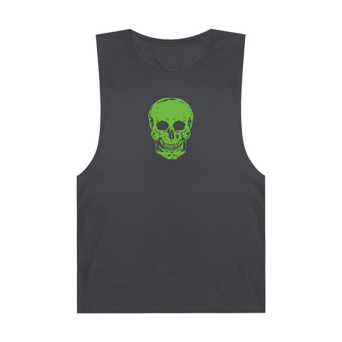 Black tank top with neon green skull graphic on front, sleeveless casual wear