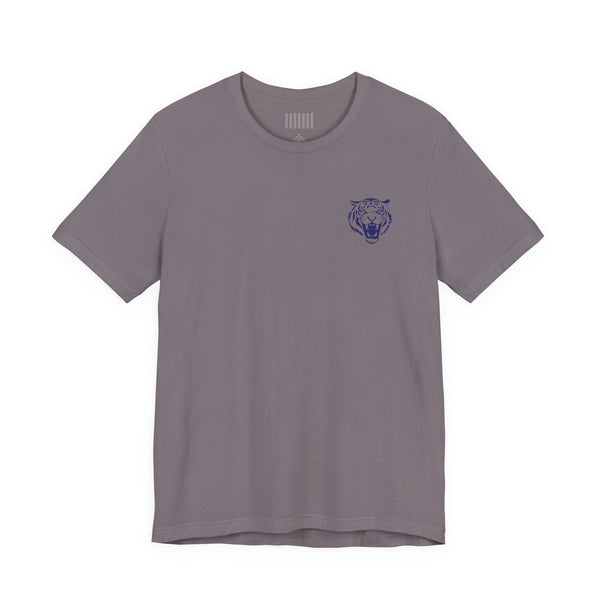 Navy blue retro graphic tee with left front roaring tiger head print and classic crew neckline