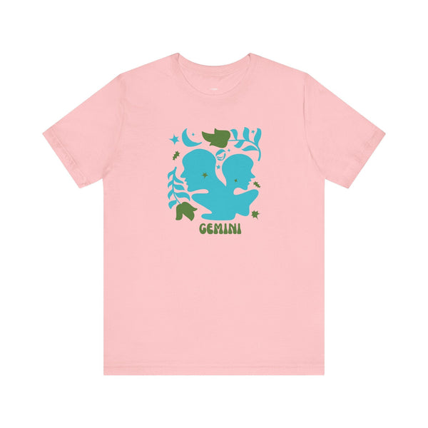 Pink zodiac t-shirt with retro blue Gemini twins graphic and green celestial details