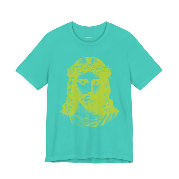 Unisex turquoise Christian t-shirt with jumbo yellow Jesus graphic and ribbed collar.
