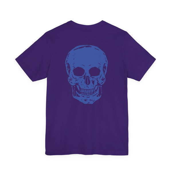 Purple graphic tee shirt with large blue skull design on the back
