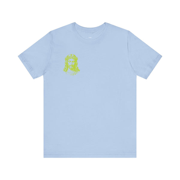 Light blue unisex t-shirt with lime green mini Jesus graphic on front left chest.