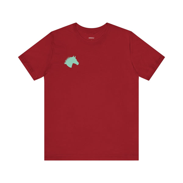 Red t shirt with a mint green horse head graphic on the left chest, breathable cotton equestrian tee.