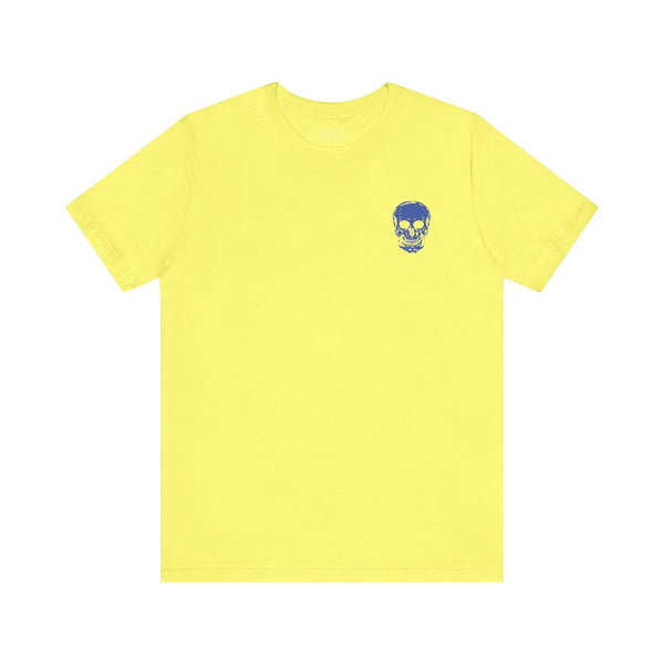 yellow unisex rocker tee with small blue skull graphic on front left side