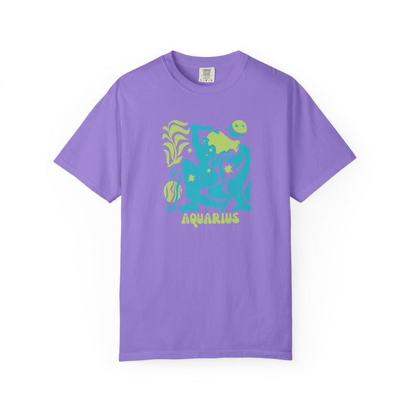Purple Aquarius zodiac graphic tee with vibrant aqua blue and green celestial design and water-bearer motif