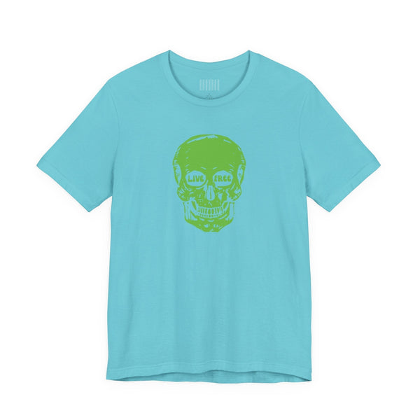 Blue T-shirt with a green skull front print graphic and "Live Free" text