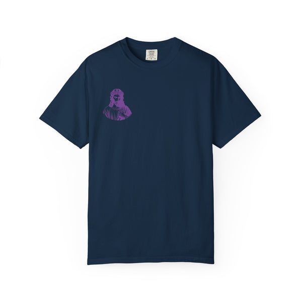 Purple Jumbo Jesus Back Print Tee with Purple Mini Jesus Front Left Graphic Tee - Iconic by Sandra Oles