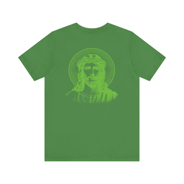 Green Jesus graphic tee with jumbo halo back print and mini front left print by Sandra Oles
