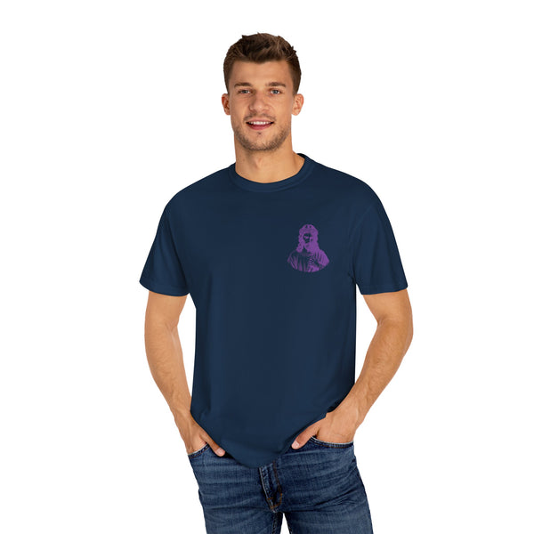 Purple Jumbo Jesus Back Print Tee with Purple Mini Jesus Front Left Graphic Tee - Iconic by Sandra Oles