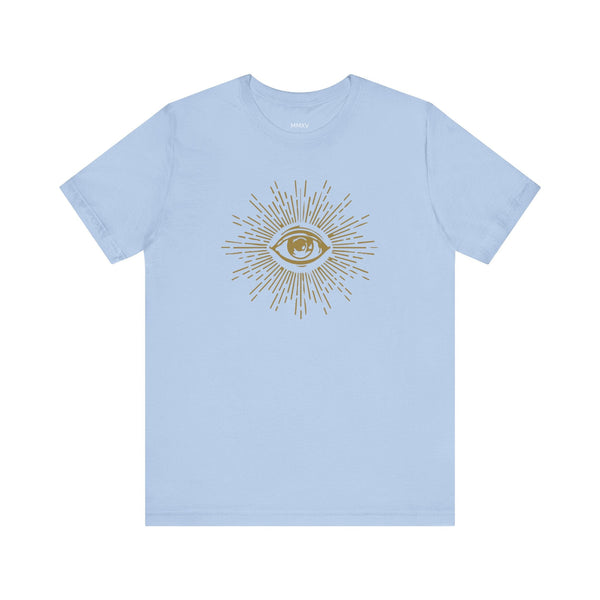 Light blue unisex tee shirt with a gold third eye graphic surrounded by radiant rays symbolizing spiritual awareness and intuition.