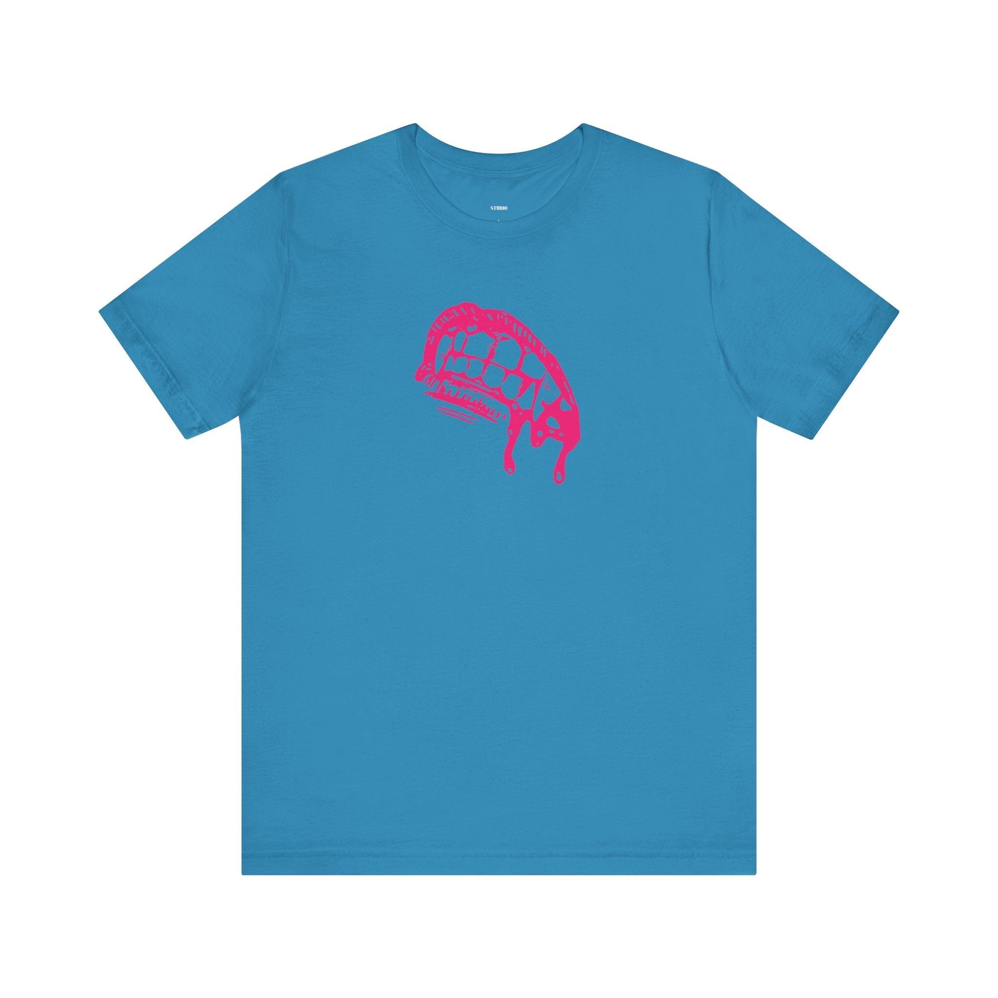 Blue vampire t shirt with bold pink dripping fangs graphic for edgy streetwear style