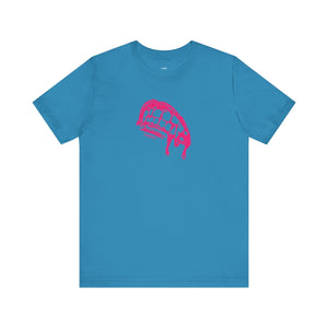 Blue vampire t shirt with bold pink dripping fangs graphic for edgy streetwear style