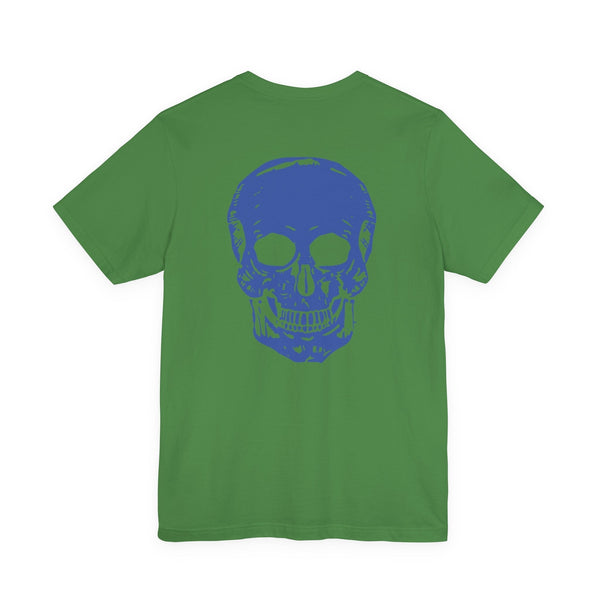 Green graphic tee shirt with large blue skull design on the back, made from soft cotton.
