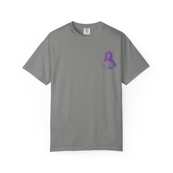 Gray unisex Christian streetwear tee with small purple Jesus graphic on left chest