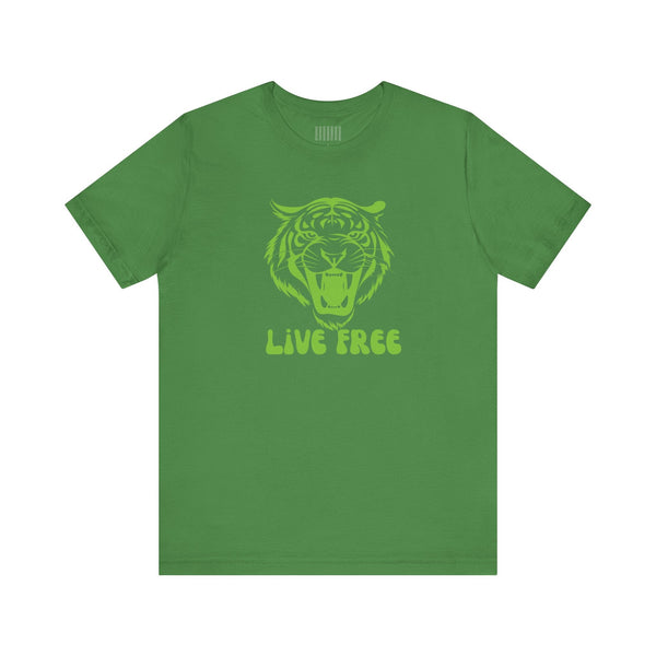 Green t-shirt with bold green tiger graphic and "LIVE FREE" text, made from lightweight premium cotton, streetwear style