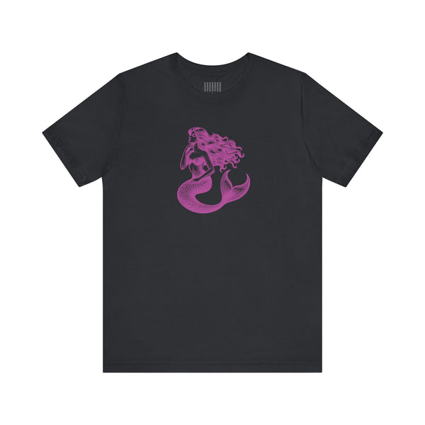 Black unisex t-shirt with magenta mermaid siren graphic, lightweight and breathable mermaid t shirt