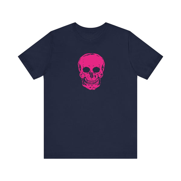 Vibrant pink skull T-shirt front print made of navy blue breathable cotton.