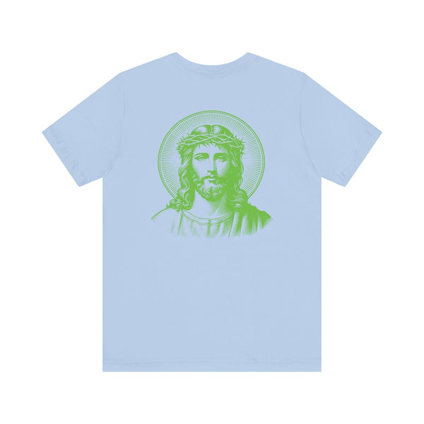 Light blue t-shirt with a jumbo green halo Jesus graphic on the back, made from soft cotton.