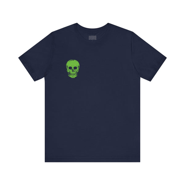 Green Jumbo Skull Back Print with Green Mini Skull Left Front Graphic Tee - Fugitive by Sandra Oles