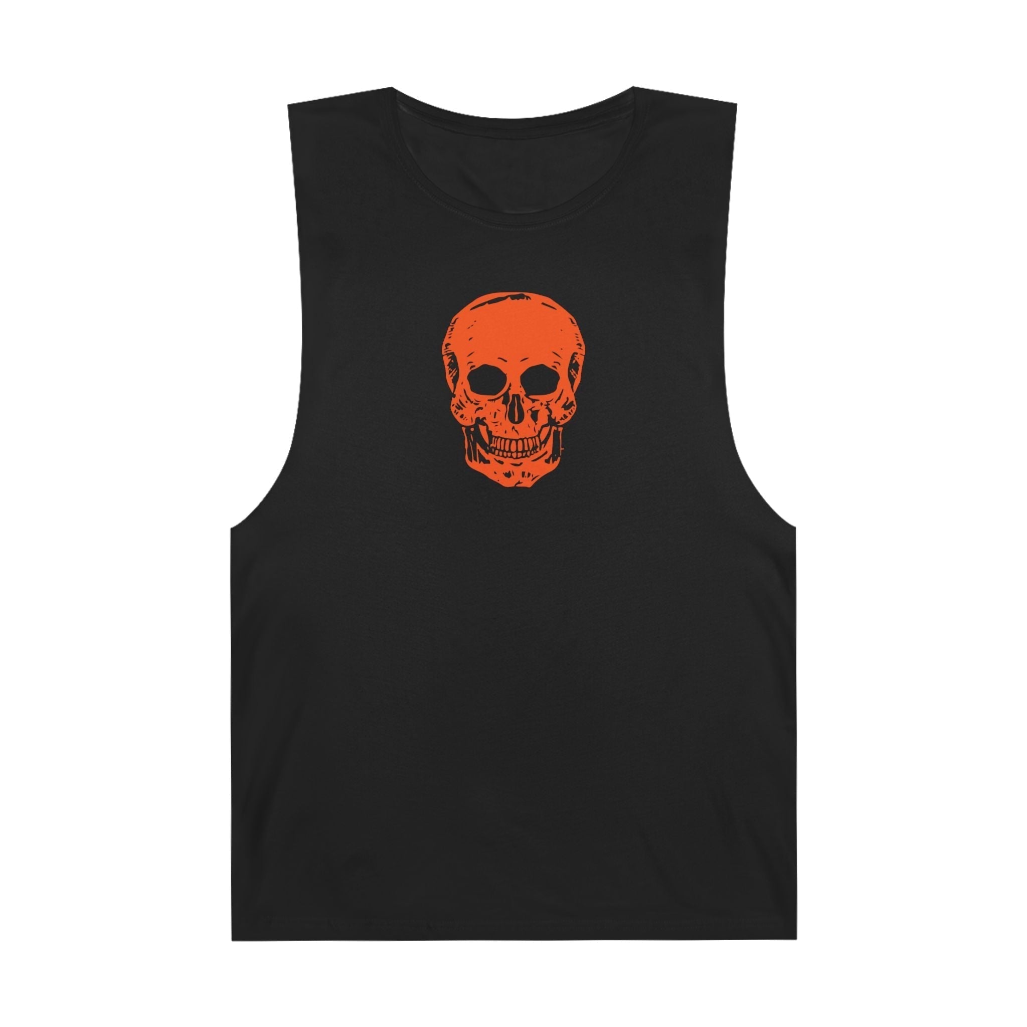 Black grunge inspired tank top with bold orange skull graphic front design
