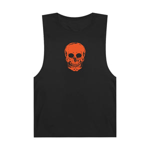 Black grunge inspired tank top with bold orange skull graphic front design