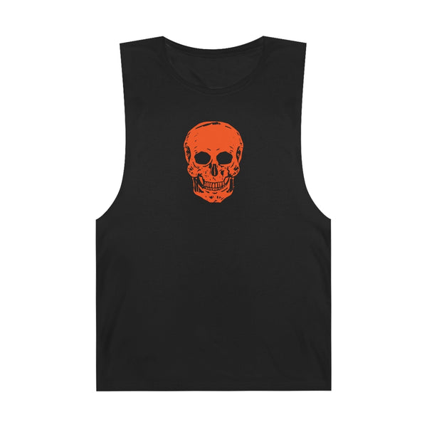 Black grunge inspired tank top with bold orange skull graphic front design