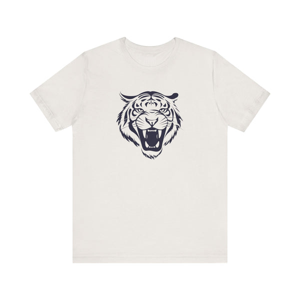 White tee with navy blue roaring tiger head graphic print front design