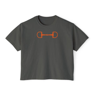 Dark gray cropped boxy tee with orange equestrian horse bit graphic front print