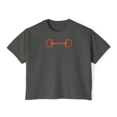 Dark gray cropped boxy tee with orange equestrian horse bit graphic front print