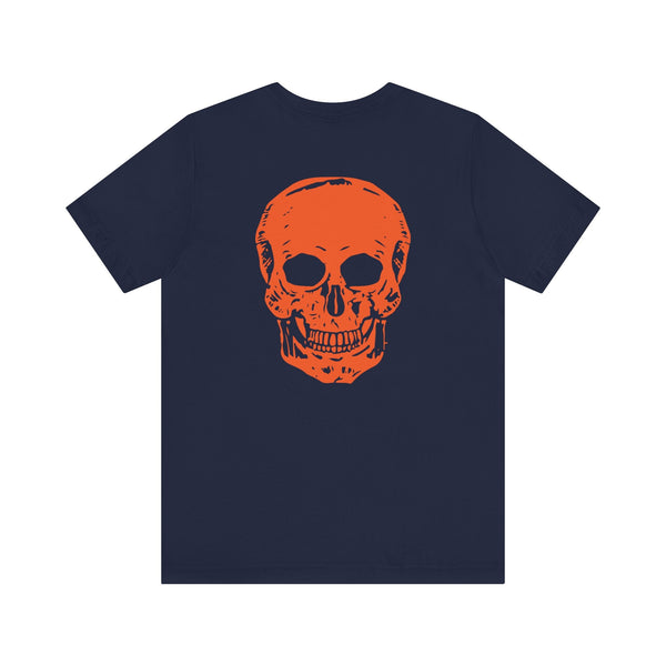 Navy tee with large orange skull back print and small front skull graphic, cool skull shirts design