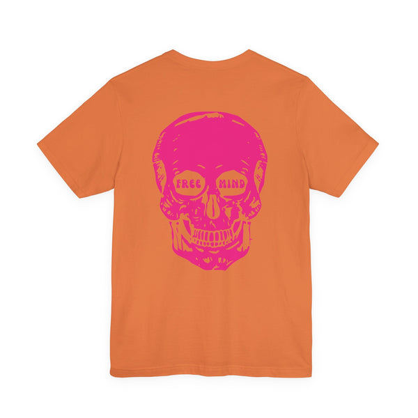 Orange tee with large pink skull graphic and "Free Mind" text, bold statement streetwear design