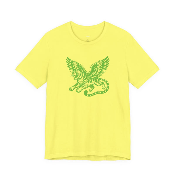 Yellow unisex tee with neon green winged tiger front print graphic