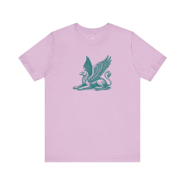 Light purple Gryphon T shirt with mythical winged beast graphic on front, made from soft cotton for legendary style and comfort.