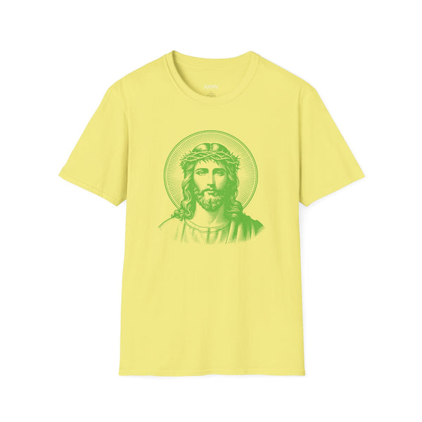 Green spiritual shirt with jumbo halo Jesus front print, unisex softstyle tee by Sandra Oles
