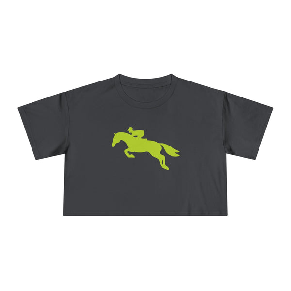 Dark gray hunter jumper cropped t shirt with lime green horse and rider graphic
