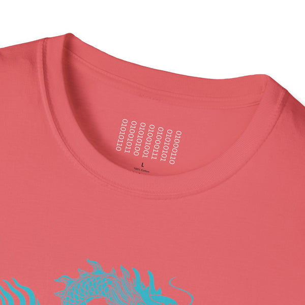 Unisex softstyle coral t-shirt with turquoise dragon graphic, breathable cotton fabric, crew neck design, and stable shoulder seams dragon t shirt