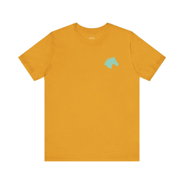 Mustard yellow t shirt with small aqua horse head graphic on front, made of soft cotton, unisex fit, casual style