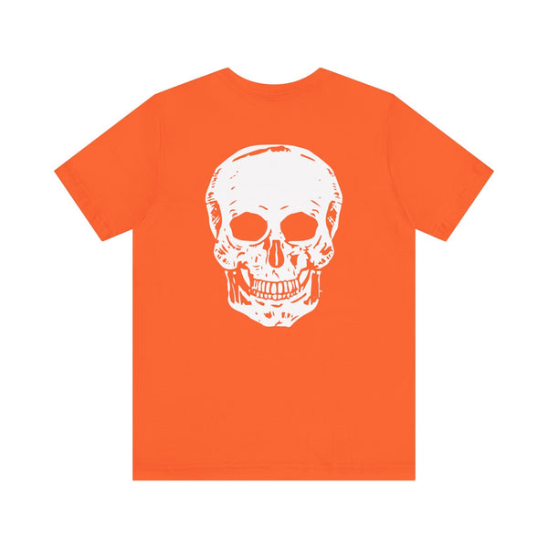 Orange skull graphic t-shirt with large white skull print on the back and mini skull on the front, made from premium cotton.