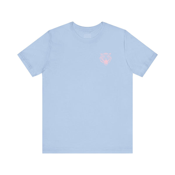 retro tiger t shirt with minimal pastel tiger graphic on light blue fabric, vintage unisex style