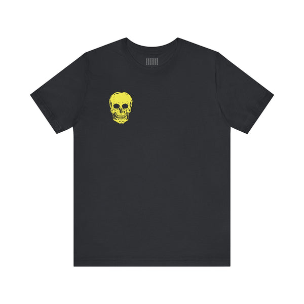 Black streetwear tee shirt with a small yellow skull graphic on the left chest.
