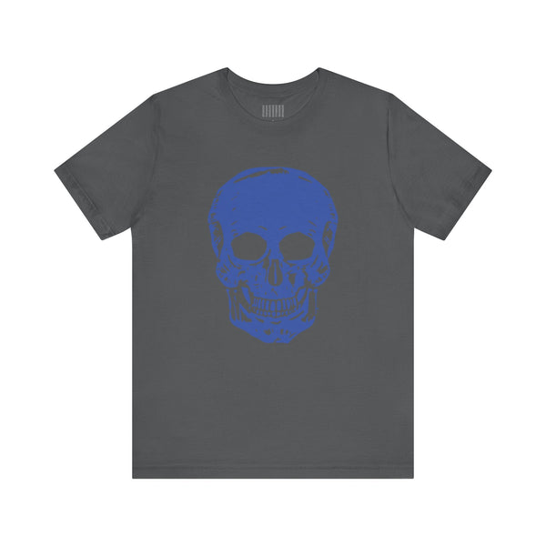 Gray skull tee with large blue skull graphic on the front for bold streetwear style