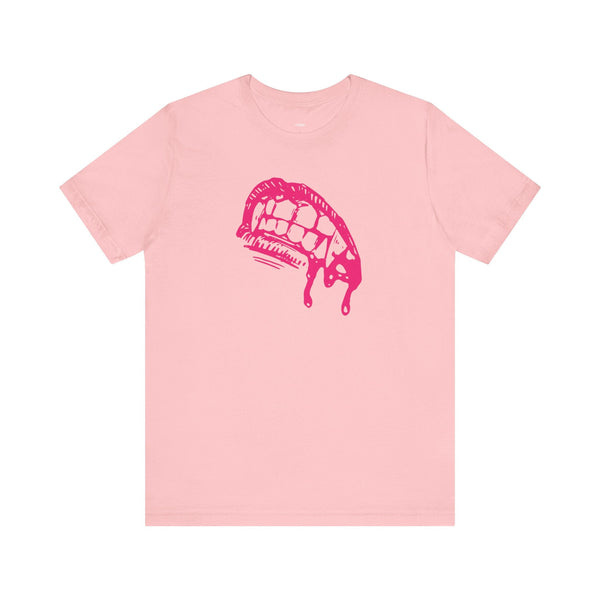 Pink vampire t-shirt with dripping fang graphic, lightweight cotton, crew neck, gothic fashion style