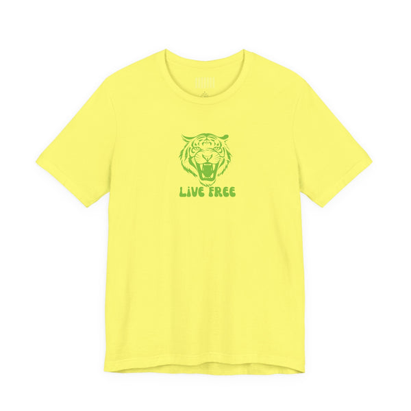 Yellow unisex live free streetwear t-shirt with green roaring tiger graphic and crew neckline