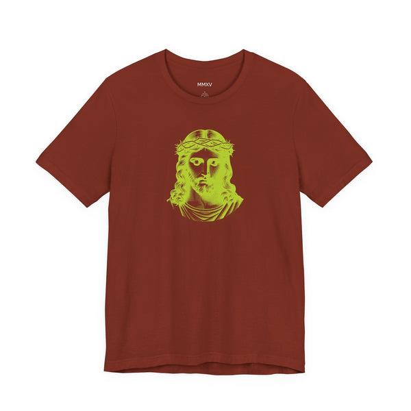 Brown t-shirt with lime green graphic of Jesus wearing a crown of thorns, unisex Christian faith design.