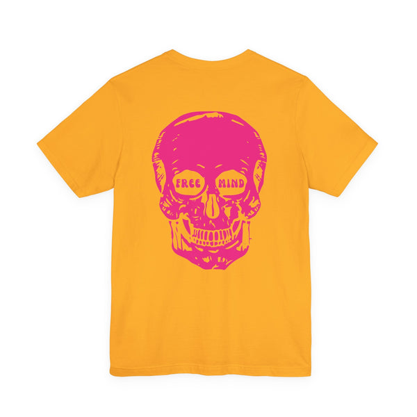 Orange tee with large pink skull graphic and "Free Mind" text on back, bold statement streetwear design