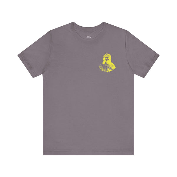 Gray graphic tee with small yellow Jesus print on front left chest for Christian streetwear