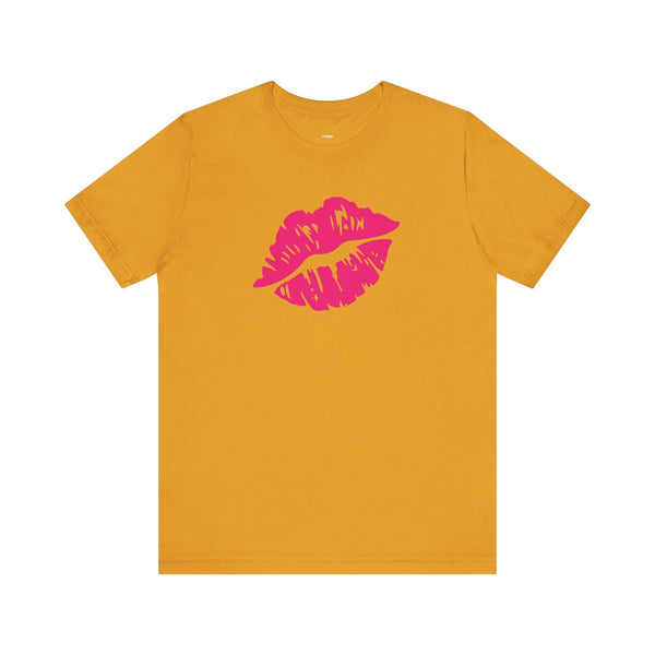 Mustard yellow unisex graphic tee with hot pink lip print on front, made from soft breathable cotton, lip print design