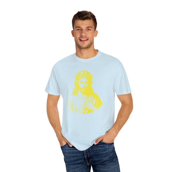 Unisex religious graphic tee with yellow Jesus Crown of Thorns print on light blue garment-dyed fabric