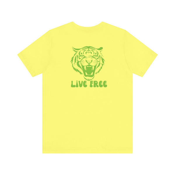 Yellow graphic tee with green vintage tiger and live free text back print